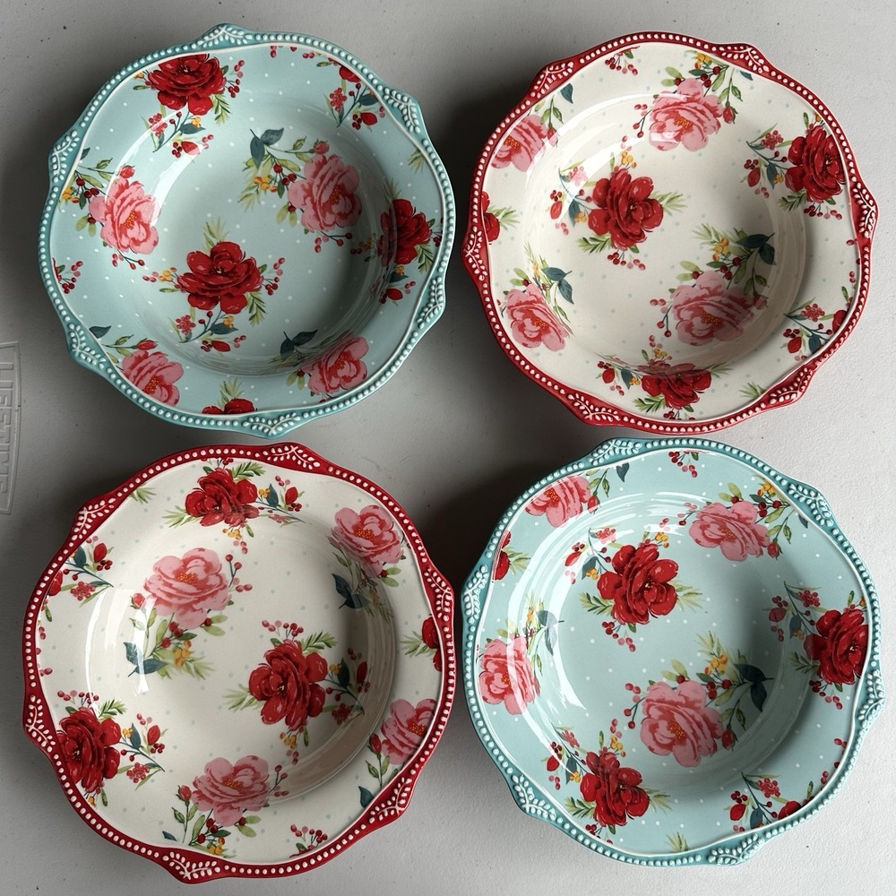 Pioneer Woman Cheerful Rose Toss Low Bowls Set of 4 Holiday Scallop Edge Floral